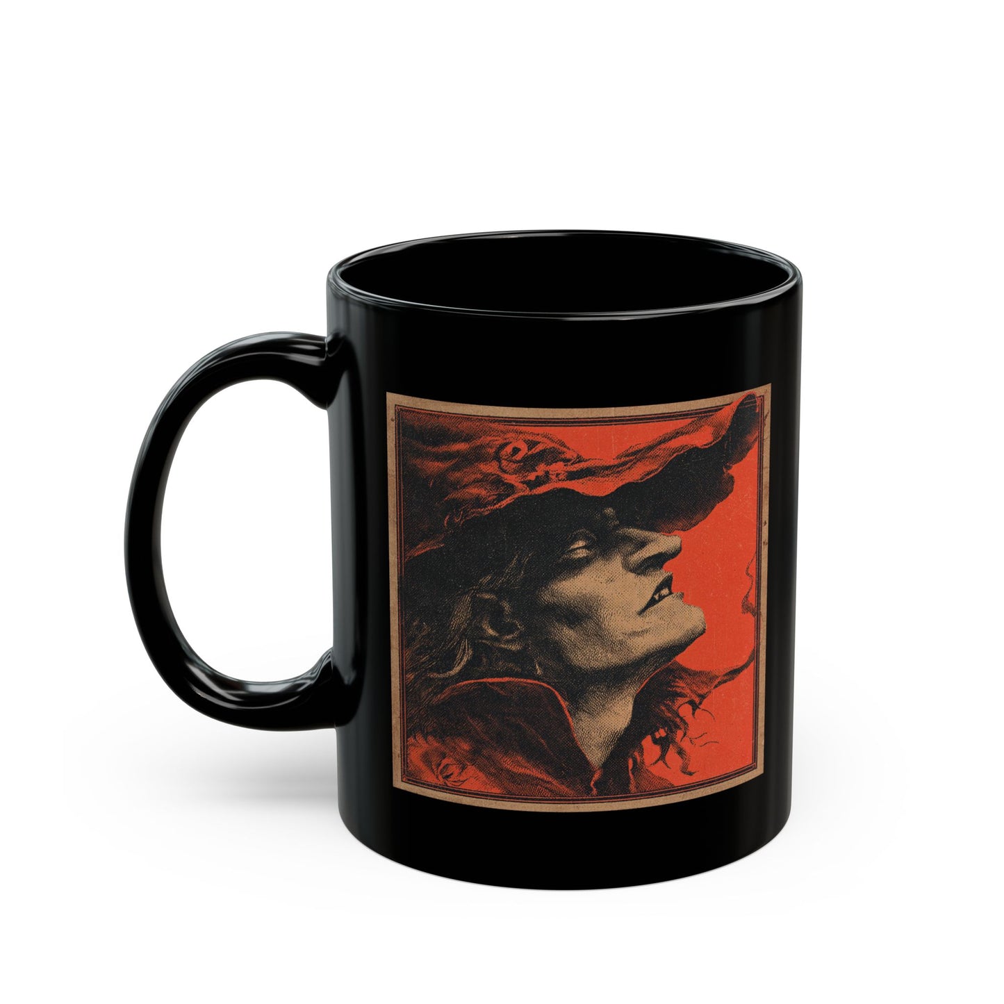 Gothic Witch Portrait Mug — Vintage Red & Black Ceramic Coffee Cup