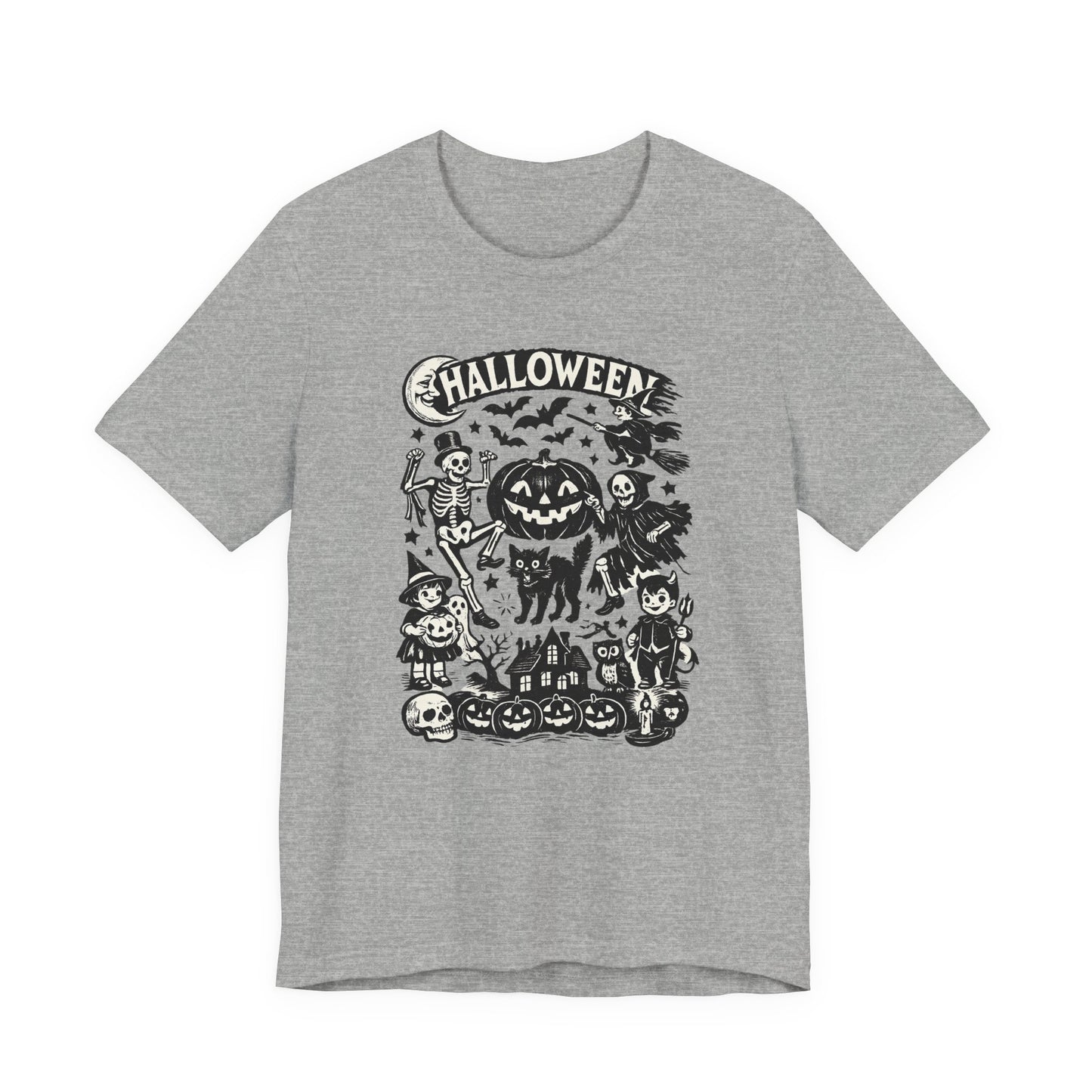 Halloween Vintage Monsters Tee — Retro Pumpkin, Skeleton & Haunted House T-Shirt