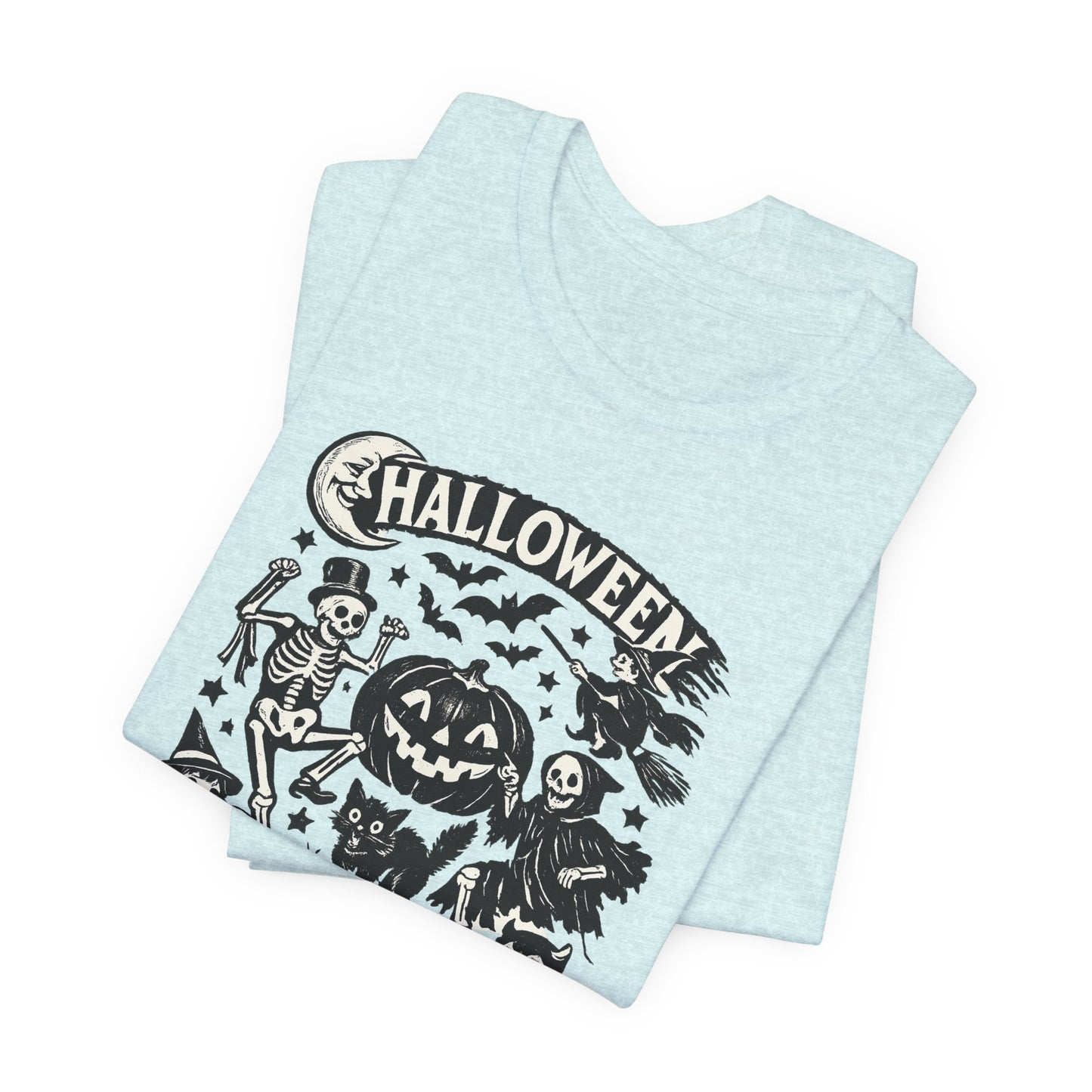 Halloween Vintage Monsters Tee — Retro Pumpkin, Skeleton & Haunted House T-Shirt