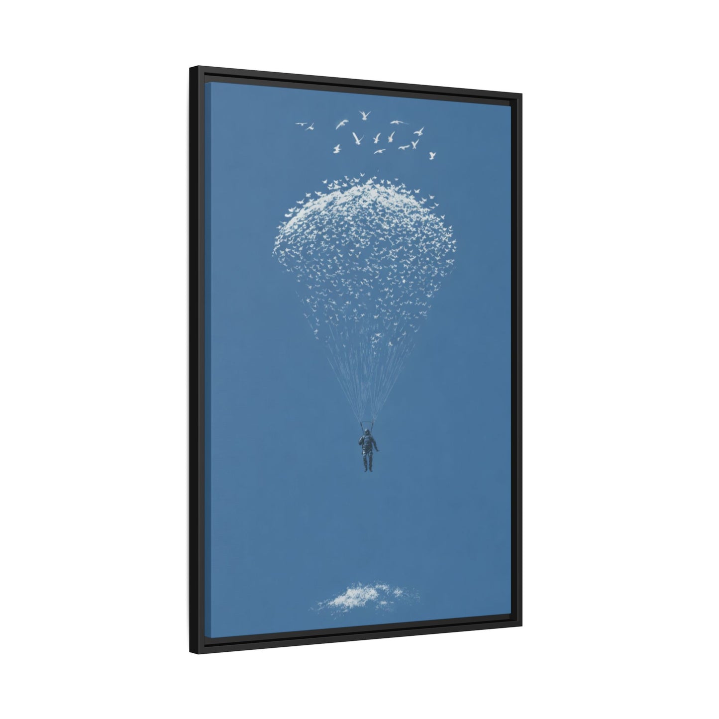 Framed Matte Canvas Art – Sky Diver with Bird Cluster Parachute (Blue)