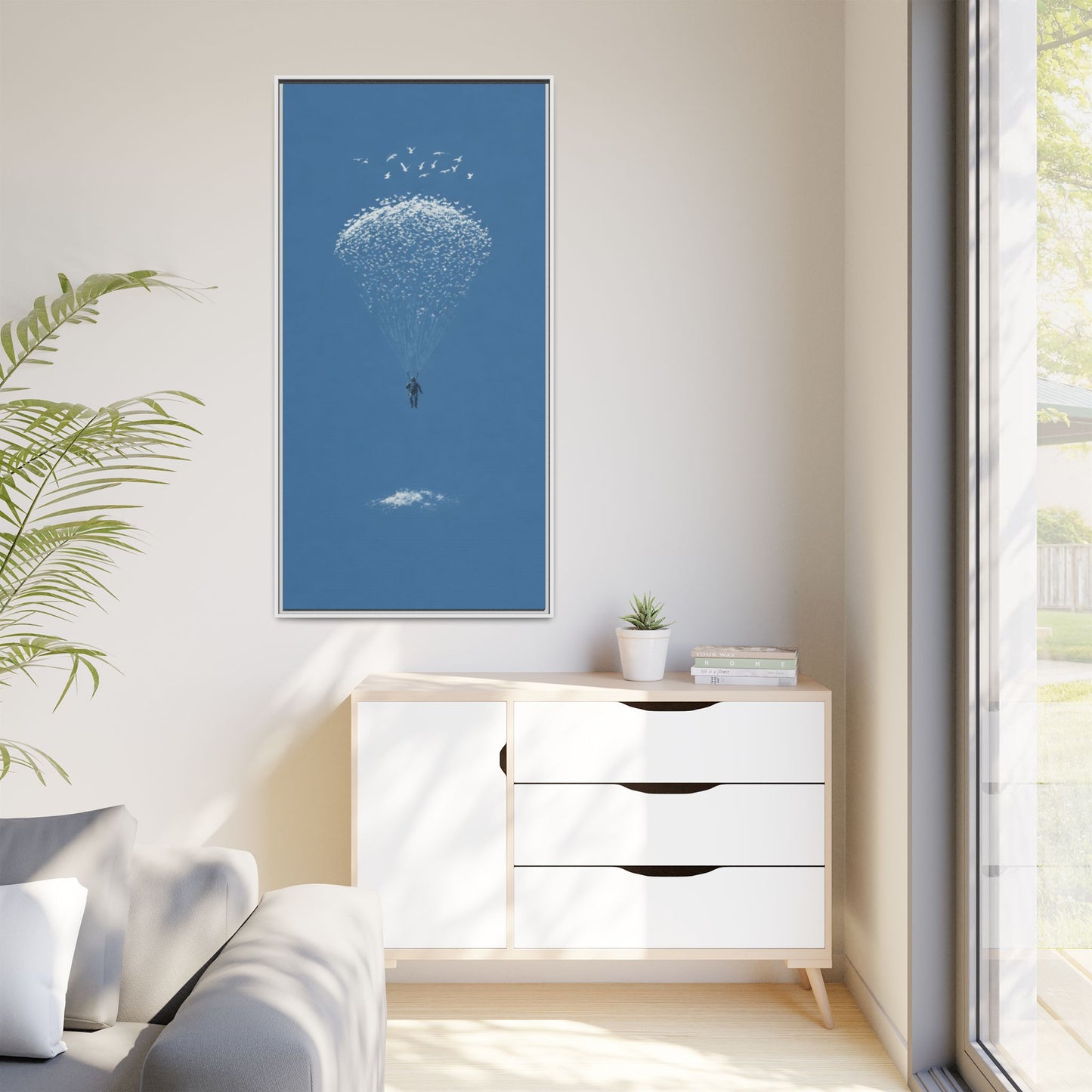 Framed Matte Canvas Art – Sky Diver with Bird Cluster Parachute (Blue)