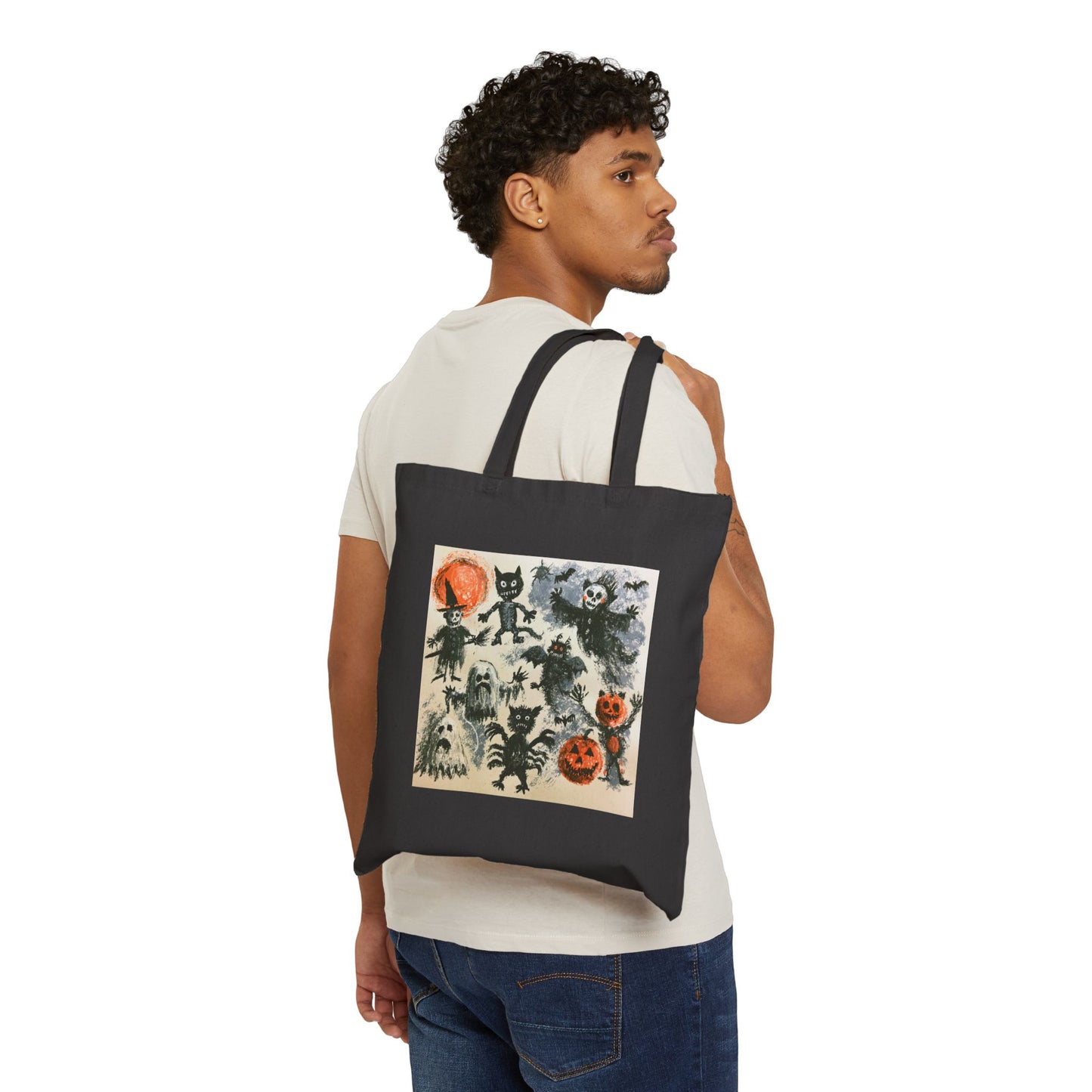 Vintage Halloween Characters Cotton Tote Bag — Retro Pumpkins, Black Cats & Bats Canvas Tote