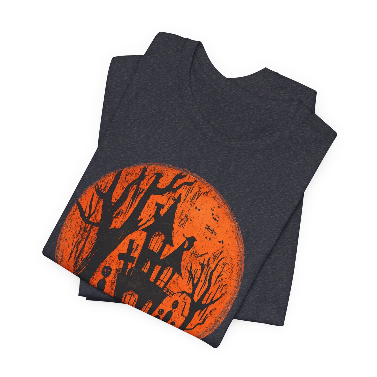 Haunted House Halloween Tee – Spooky Orange Moon Graphic T-Shirt