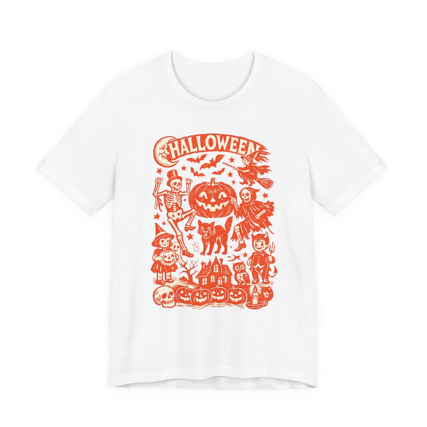 Halloween Retro Graphic Tee — Orange Vintage Spooky Characters