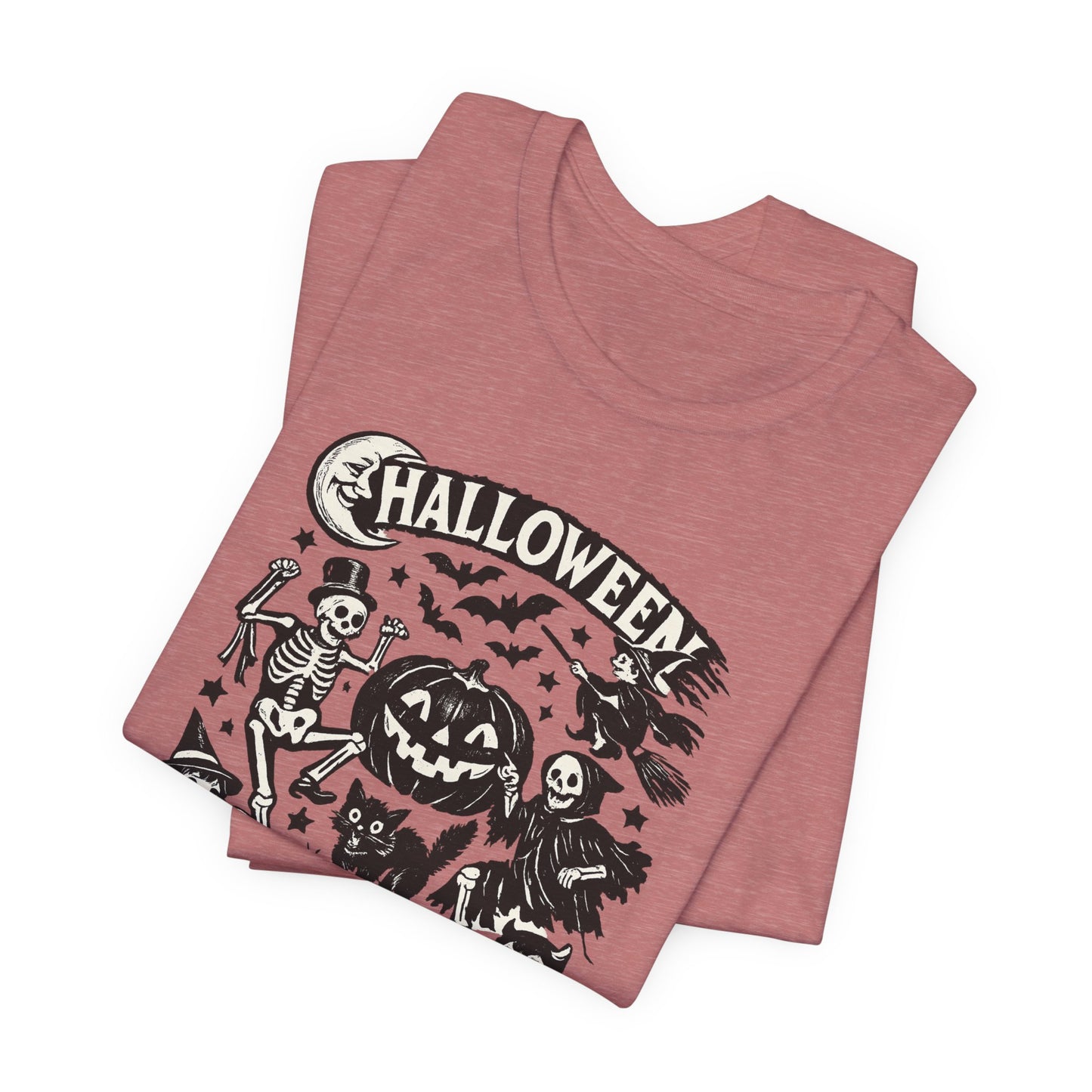 Halloween Vintage Monsters Tee — Retro Pumpkin, Skeleton & Haunted House T-Shirt