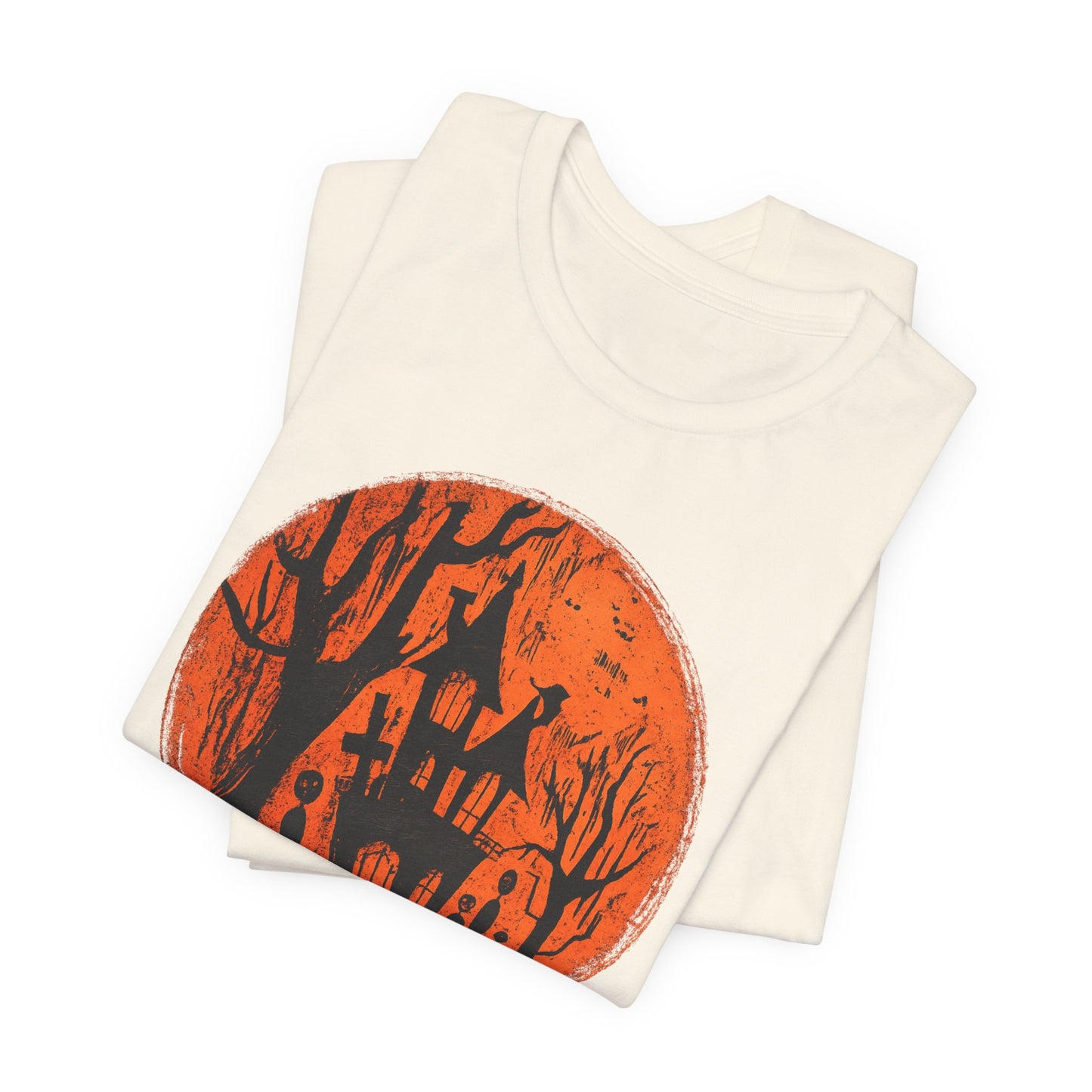 Haunted House Halloween Tee – Spooky Orange Moon Graphic T-Shirt