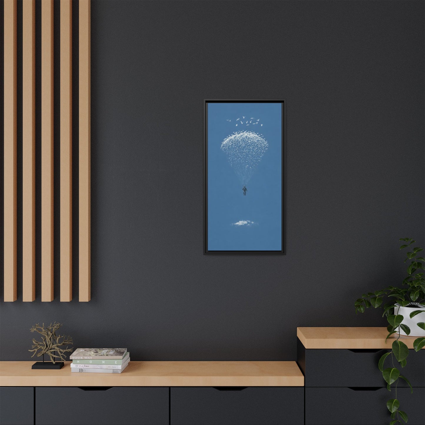 Framed Matte Canvas Art – Sky Diver with Bird Cluster Parachute (Blue)