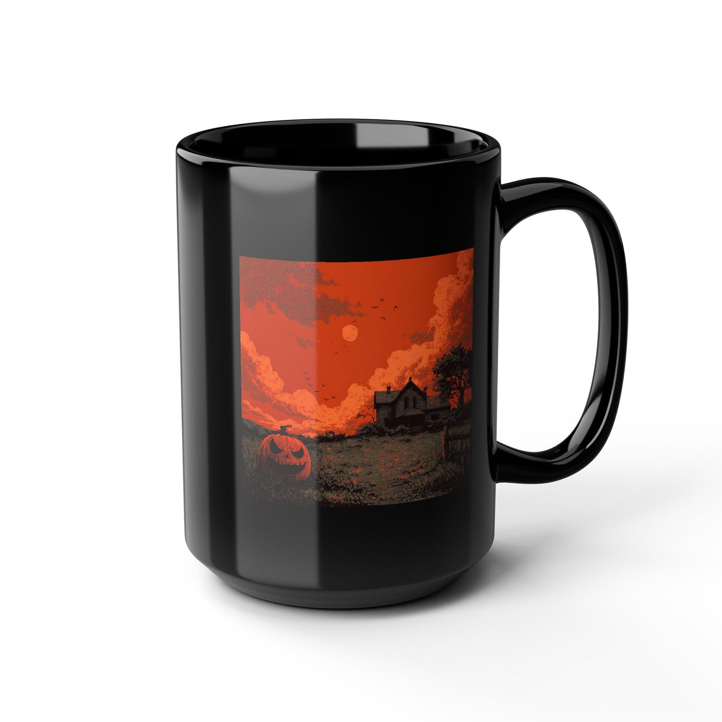 Halloween Pumpkin Field Black Mug — Spooky Haunted House Coffee Cup (11oz/15oz)