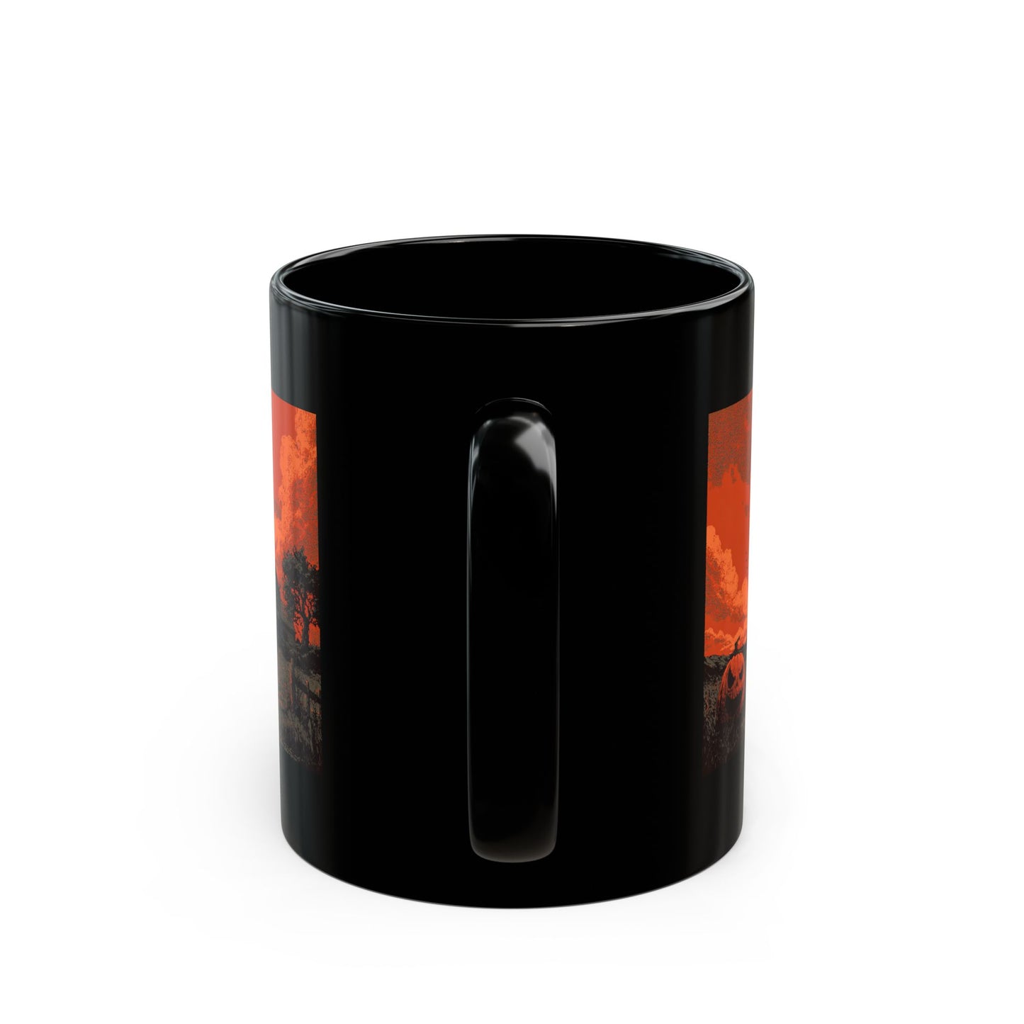 Halloween Pumpkin Field Black Mug — Spooky Haunted House Coffee Cup (11oz/15oz)