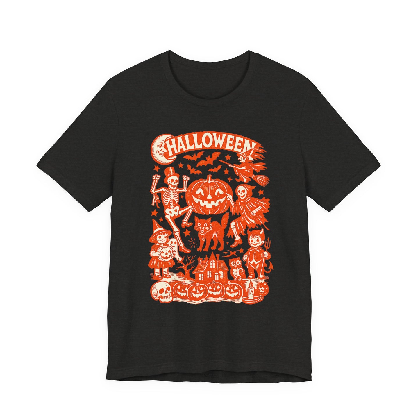 Halloween Retro Graphic Tee — Orange Vintage Spooky Characters
