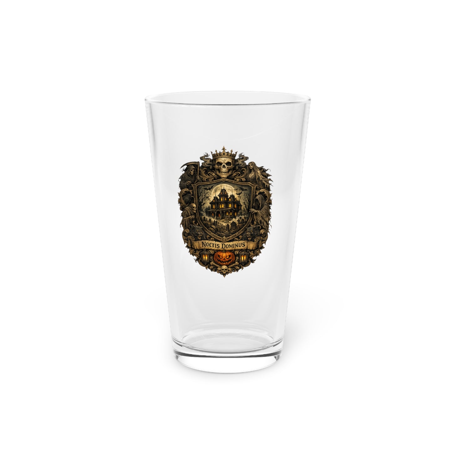 Medieval Crest Pint Glass — Vintage Halloween Skull & Castle 16oz Beer Glass