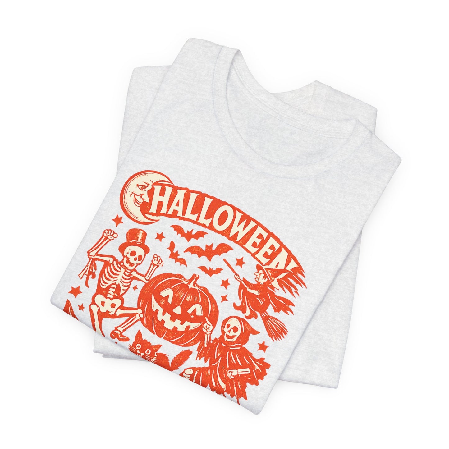 Halloween Retro Graphic Tee — Orange Vintage Spooky Characters