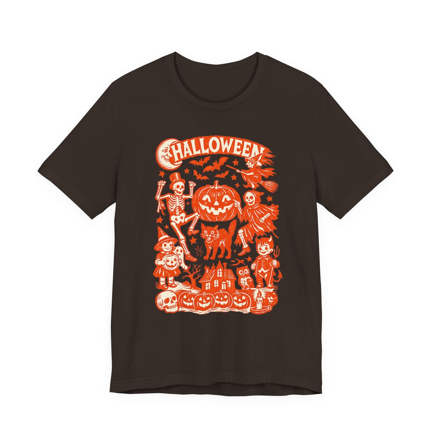 Halloween Retro Graphic Tee — Orange Vintage Spooky Characters