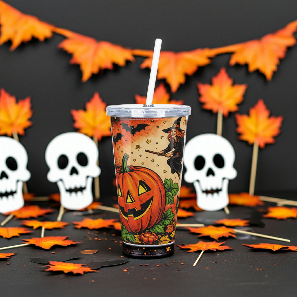 Halloween Jack-O'-Lantern Plastic Tumbler with Straw