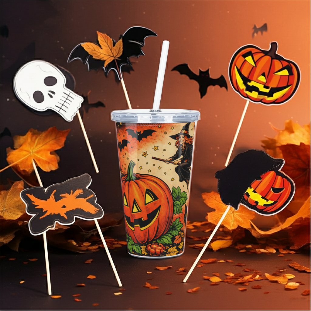 Halloween Jack-O'-Lantern Plastic Tumbler with Straw