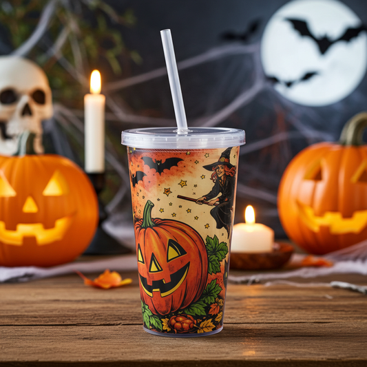 Halloween Jack-O'-Lantern Plastic Tumbler with Straw
