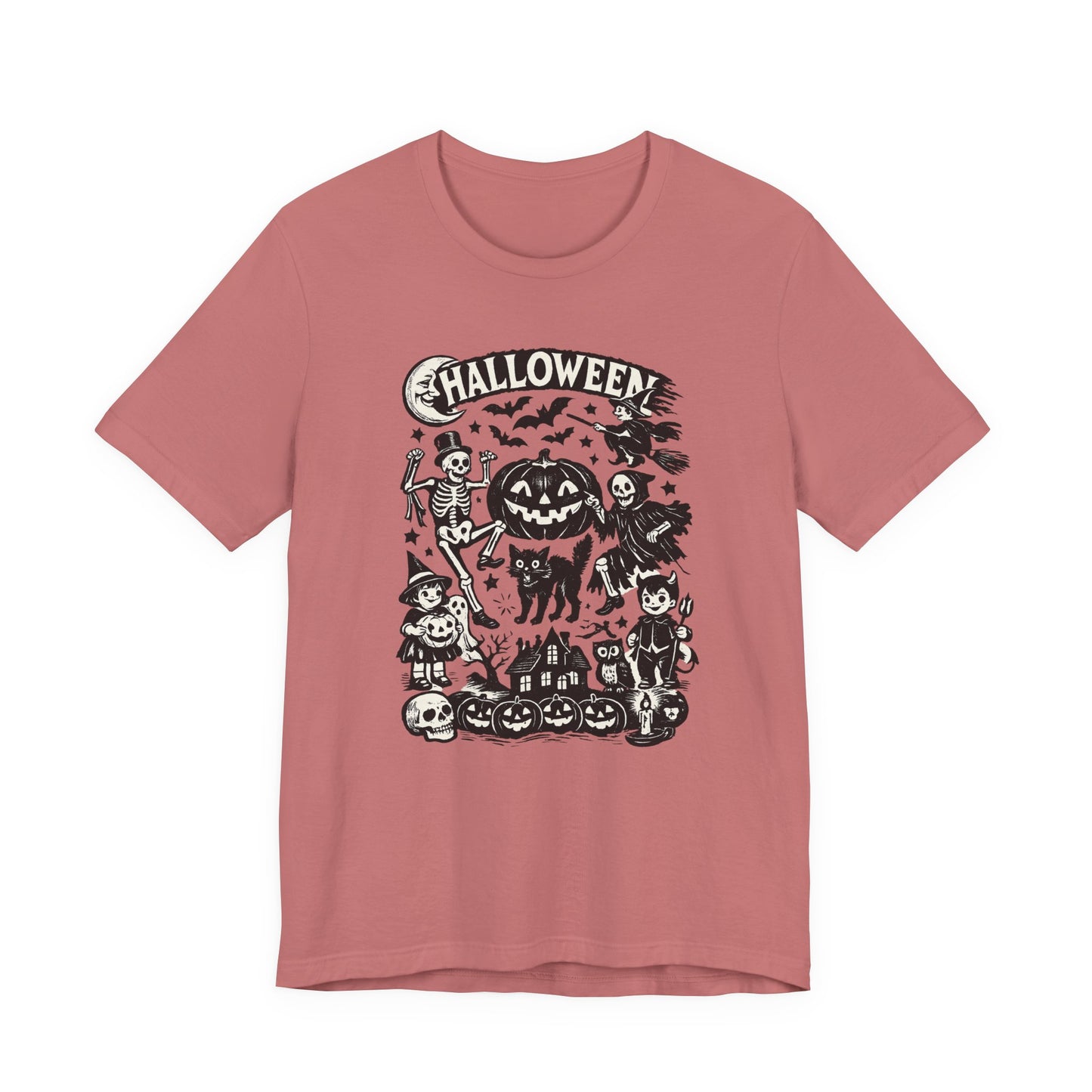 Halloween Vintage Monsters Tee — Retro Pumpkin, Skeleton & Haunted House T-Shirt