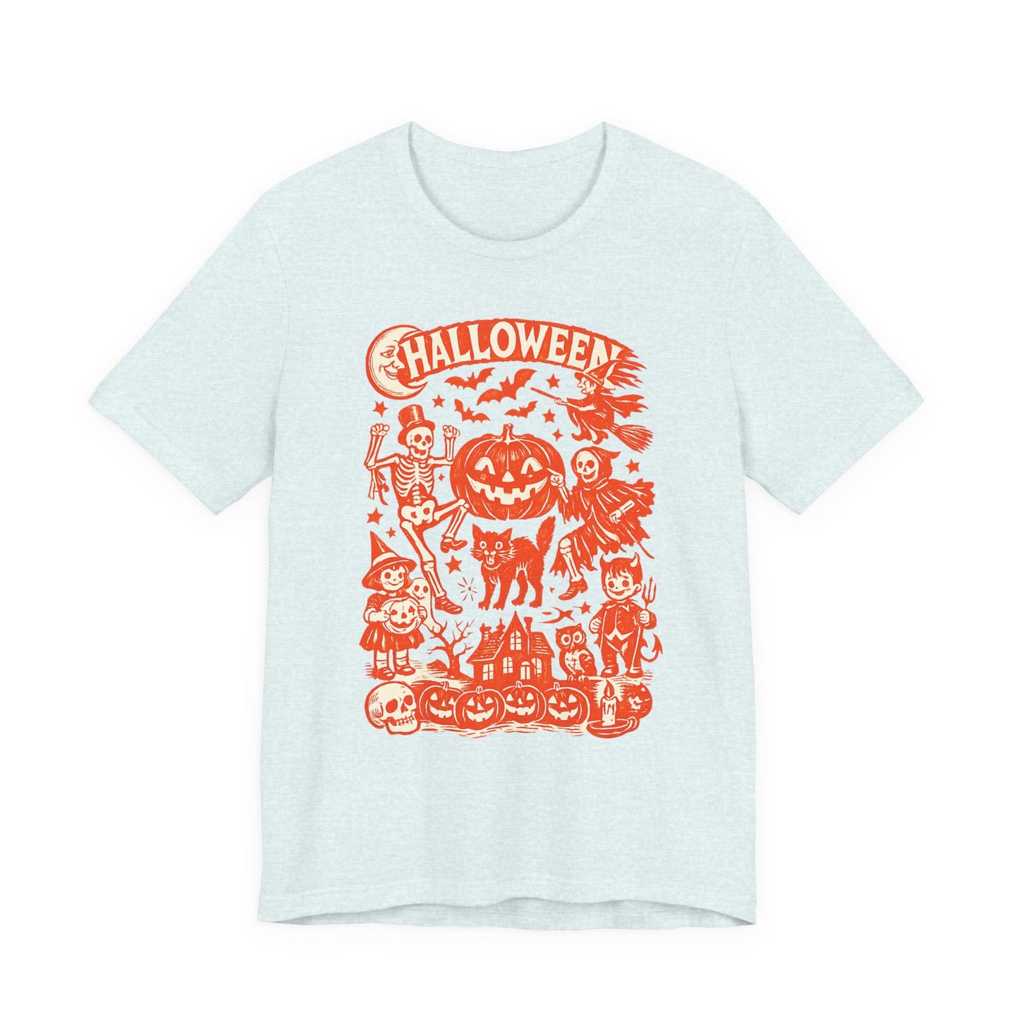 Halloween Retro Graphic Tee — Orange Vintage Spooky Characters