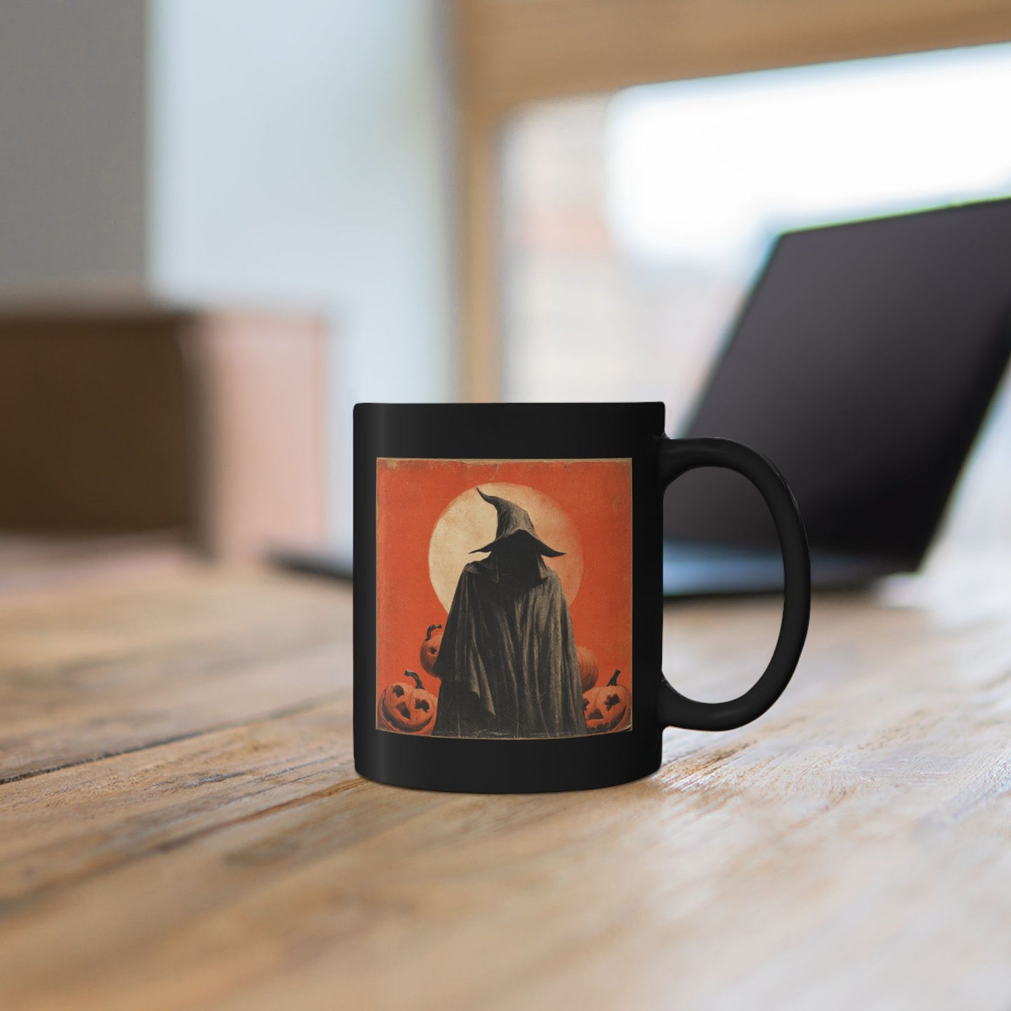 Halloween Witch Pumpkin Black Mug – Vintage Spooky Coffee Cup (11oz/15oz)