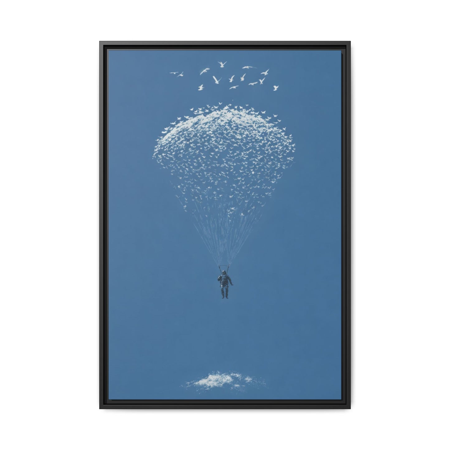 Framed Matte Canvas Art – Sky Diver with Bird Cluster Parachute (Blue)