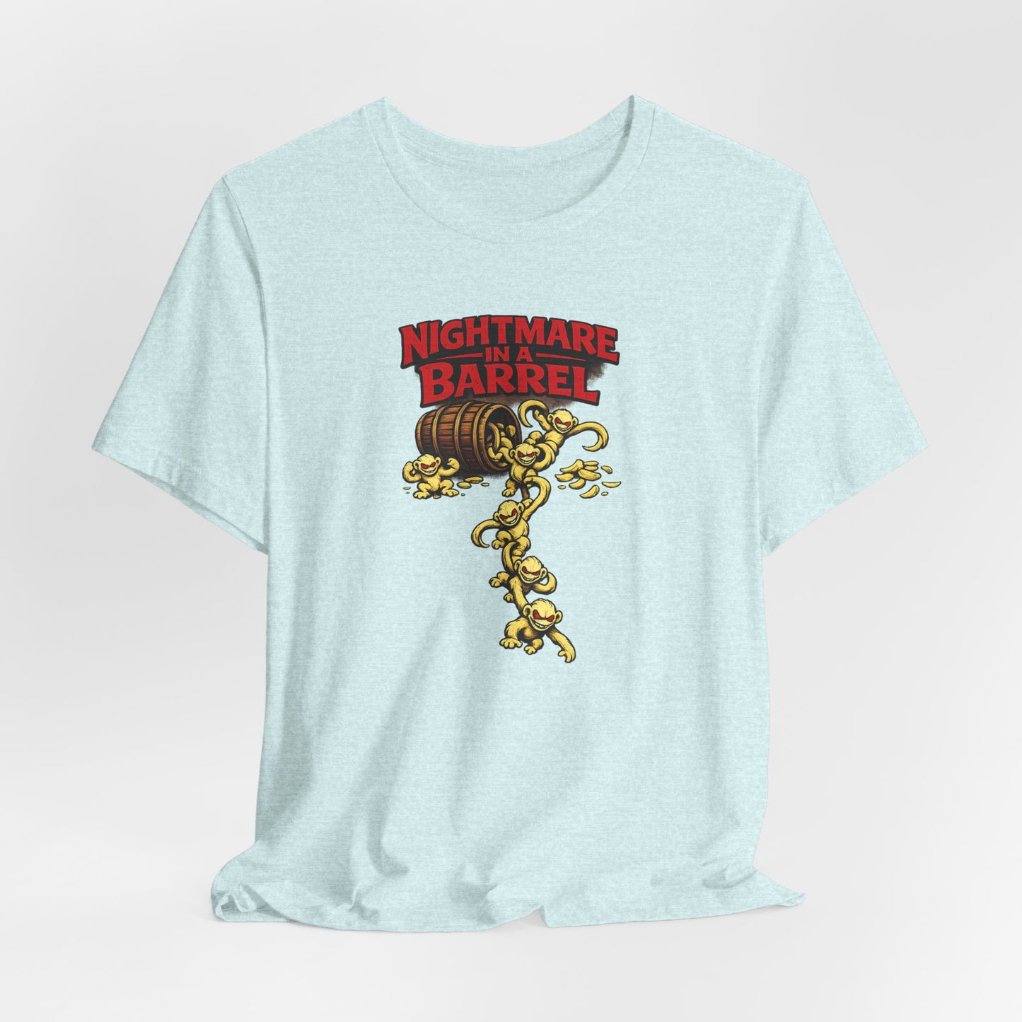 Nightmare in a Barrel T-Shirt — Vintage Horror Barrel Monkey Graphic Tee