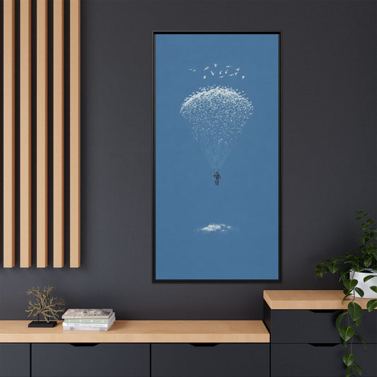 Framed Matte Canvas Art – Sky Diver with Bird Cluster Parachute (Blue)