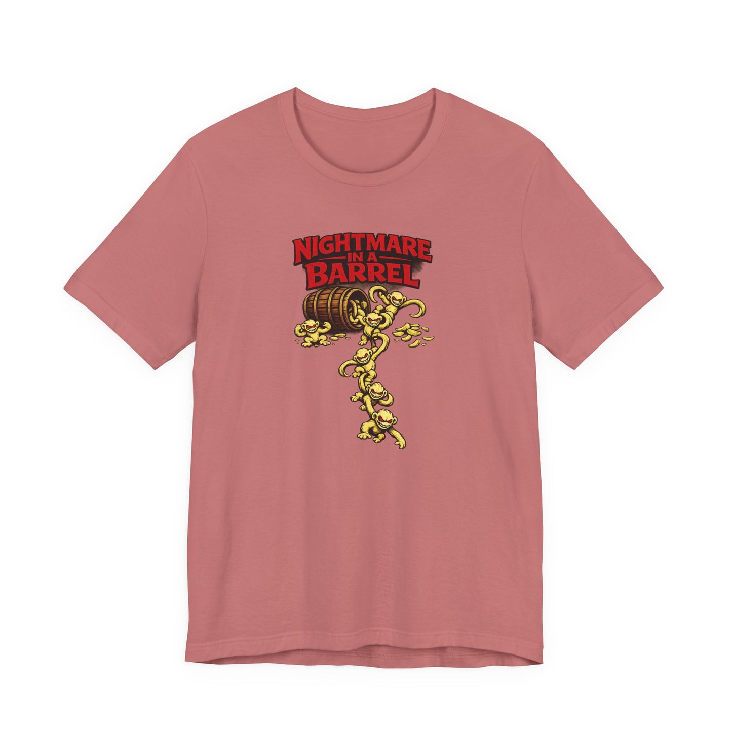 Nightmare in a Barrel T-Shirt — Vintage Horror Barrel Monkey Graphic Tee
