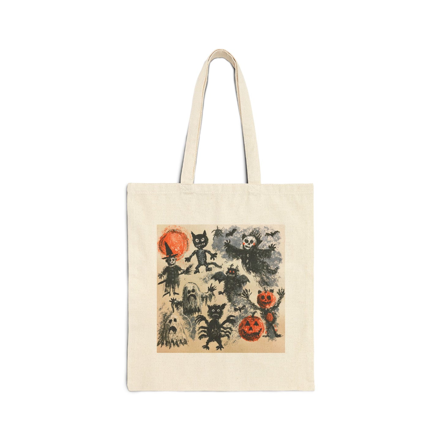 Vintage Halloween Characters Cotton Tote Bag — Retro Pumpkins, Black Cats & Bats Canvas Tote