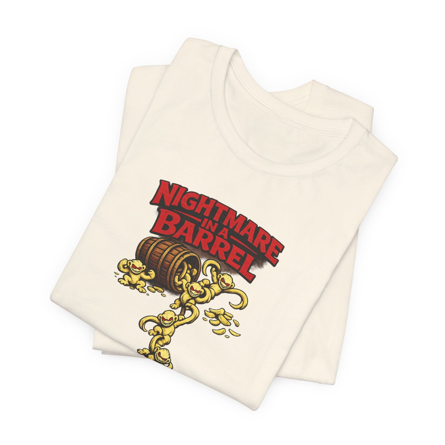 Nightmare in a Barrel T-Shirt — Vintage Horror Barrel Monkey Graphic Tee