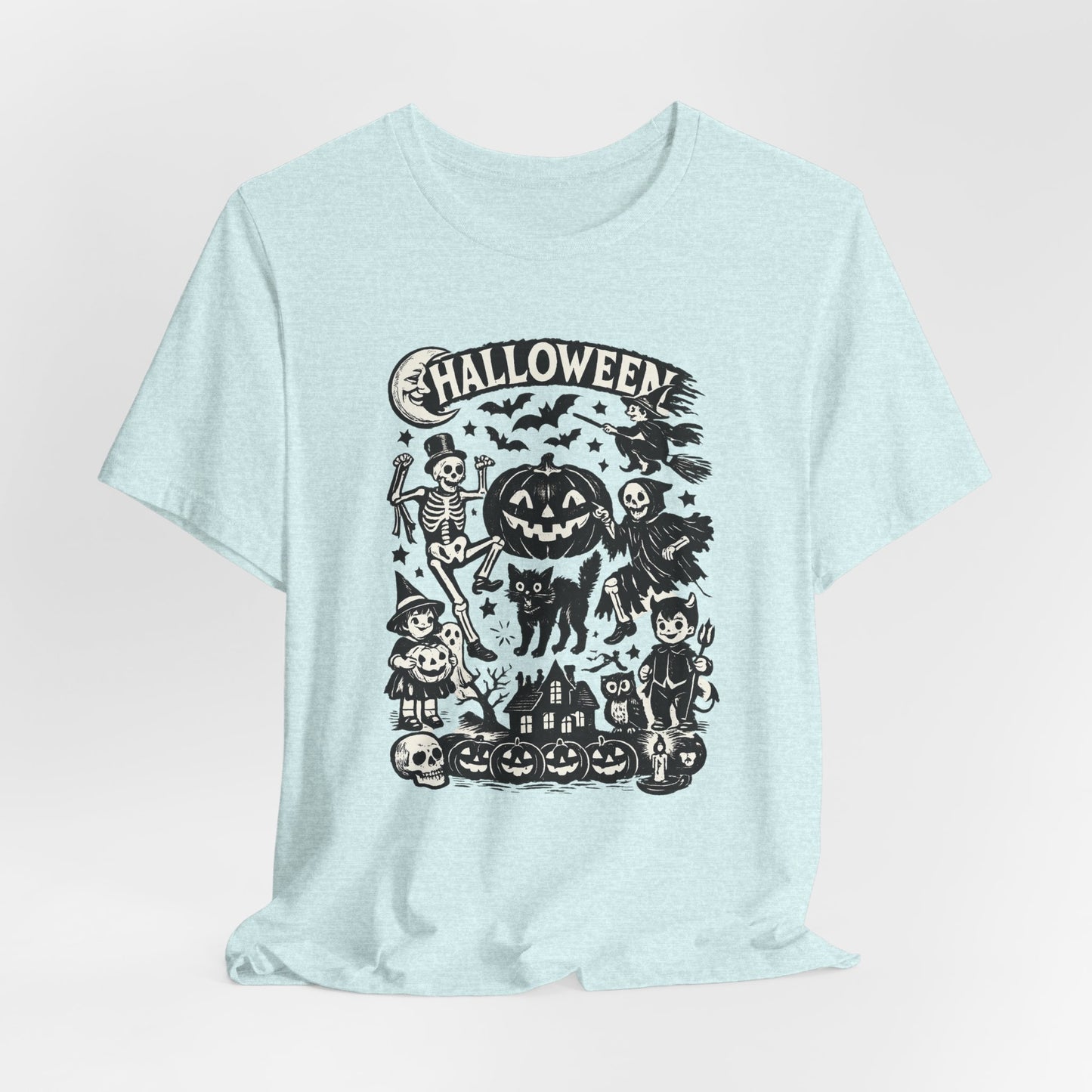 Halloween Vintage Monsters Tee — Retro Pumpkin, Skeleton & Haunted House T-Shirt