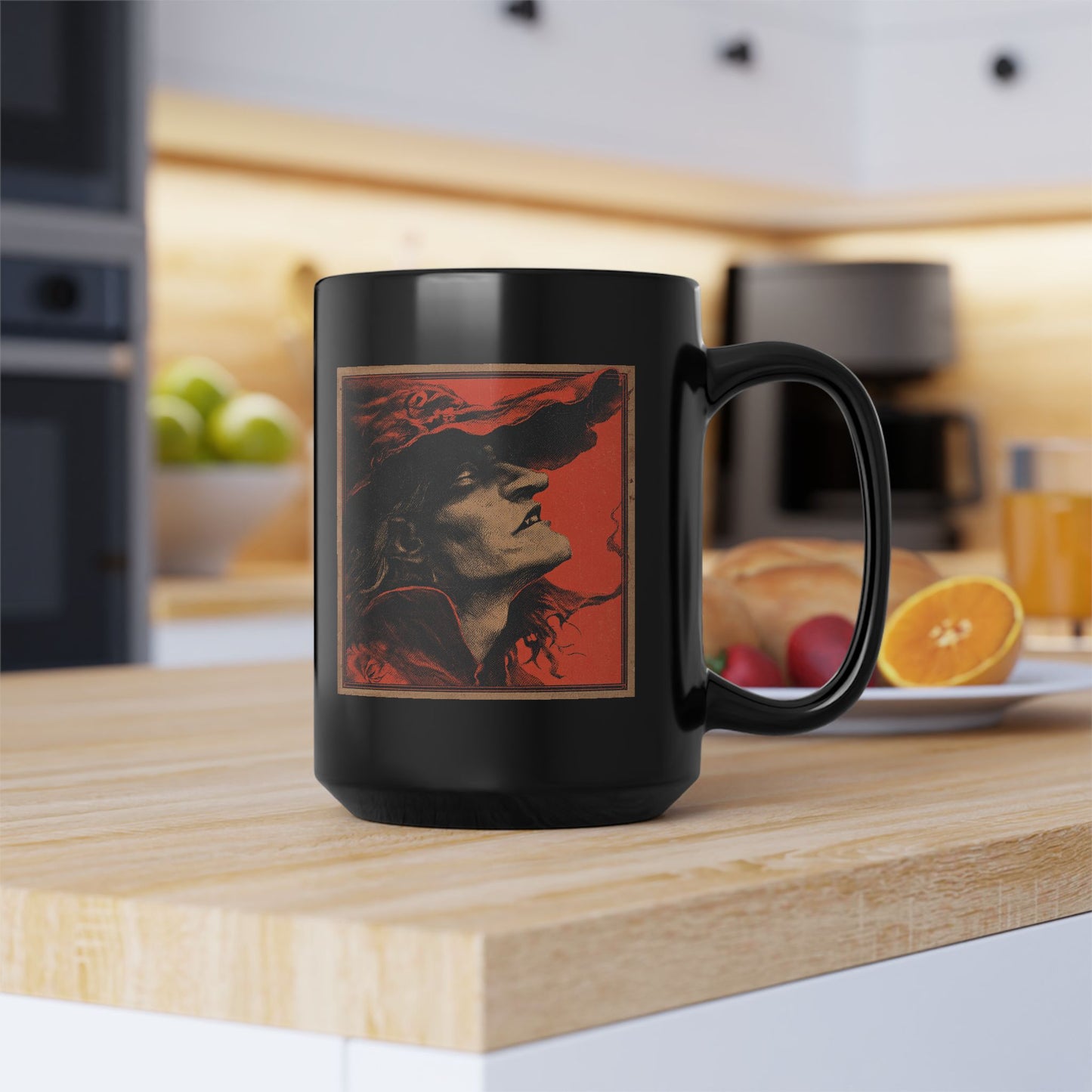 Gothic Witch Portrait Mug — Vintage Red & Black Ceramic Coffee Cup