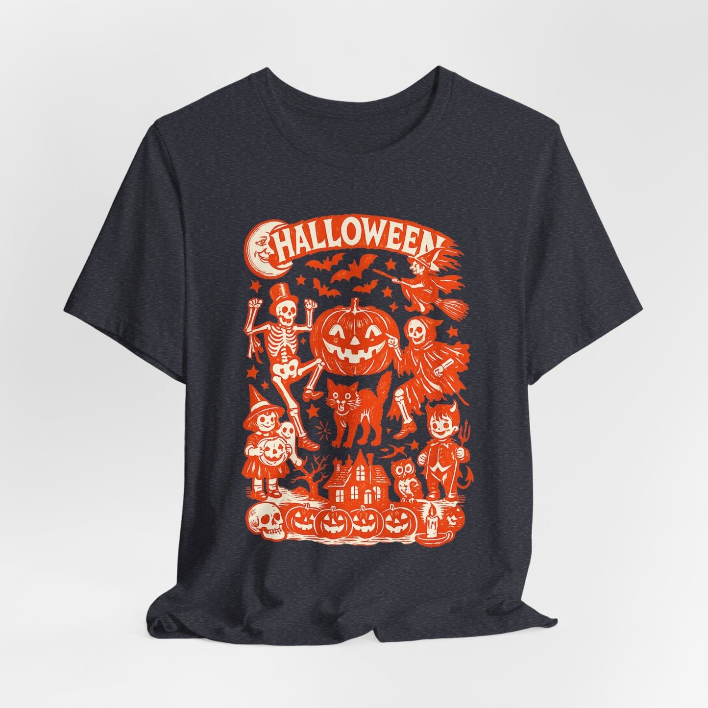 Halloween Retro Graphic Tee — Orange Vintage Spooky Characters