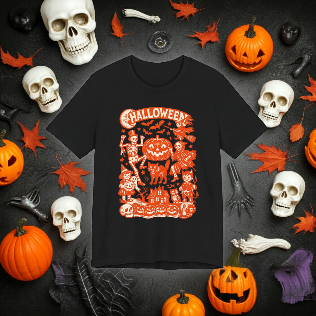 Halloween Retro Graphic Tee — Orange Vintage Spooky Characters