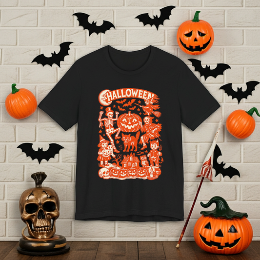 Halloween Retro Graphic Tee — Orange Vintage Spooky Characters
