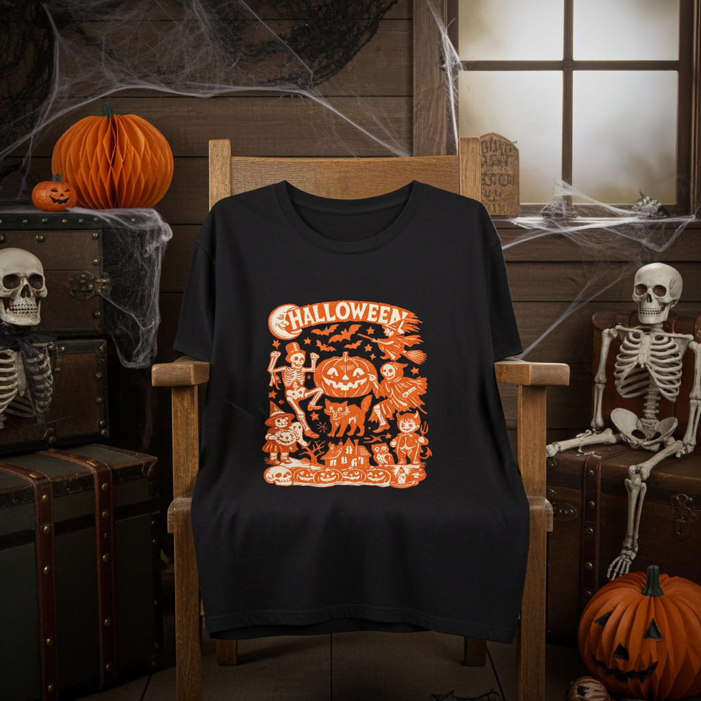 Halloween Retro Graphic Tee — Orange Vintage Spooky Characters