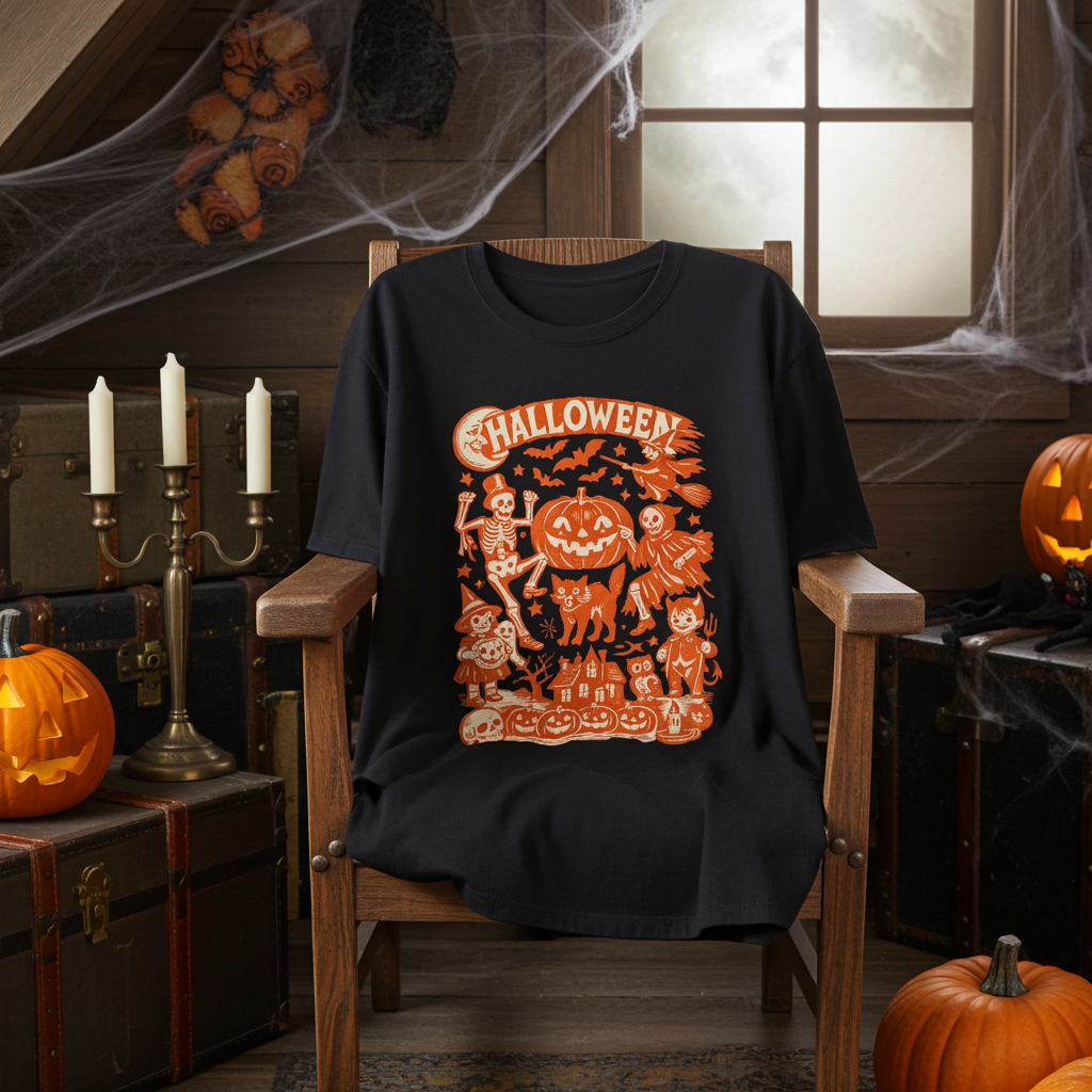 Halloween Retro Graphic Tee — Orange Vintage Spooky Characters