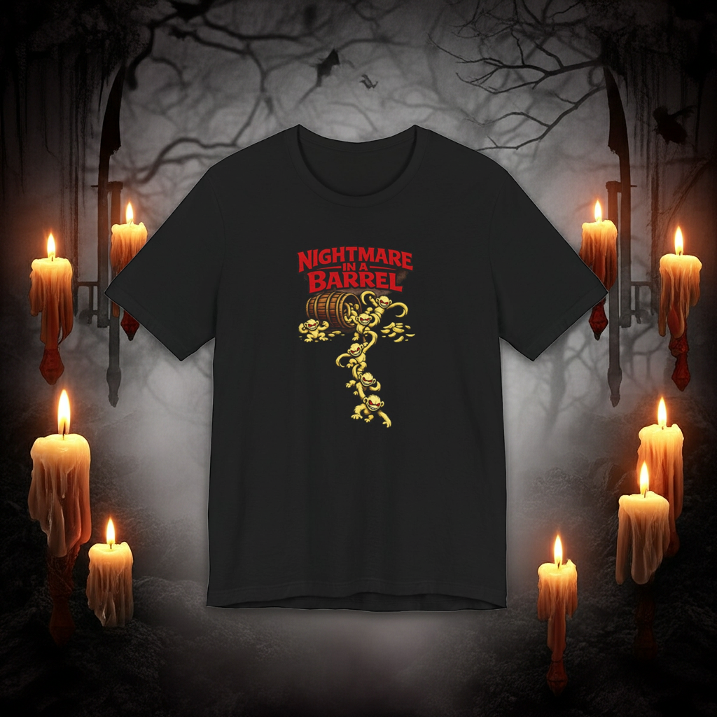 Nightmare in a Barrel T-Shirt — Vintage Horror Barrel Monkey Graphic Tee