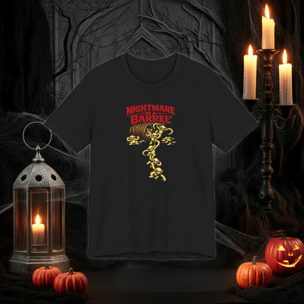 Nightmare in a Barrel T-Shirt — Vintage Horror Barrel Monkey Graphic Tee
