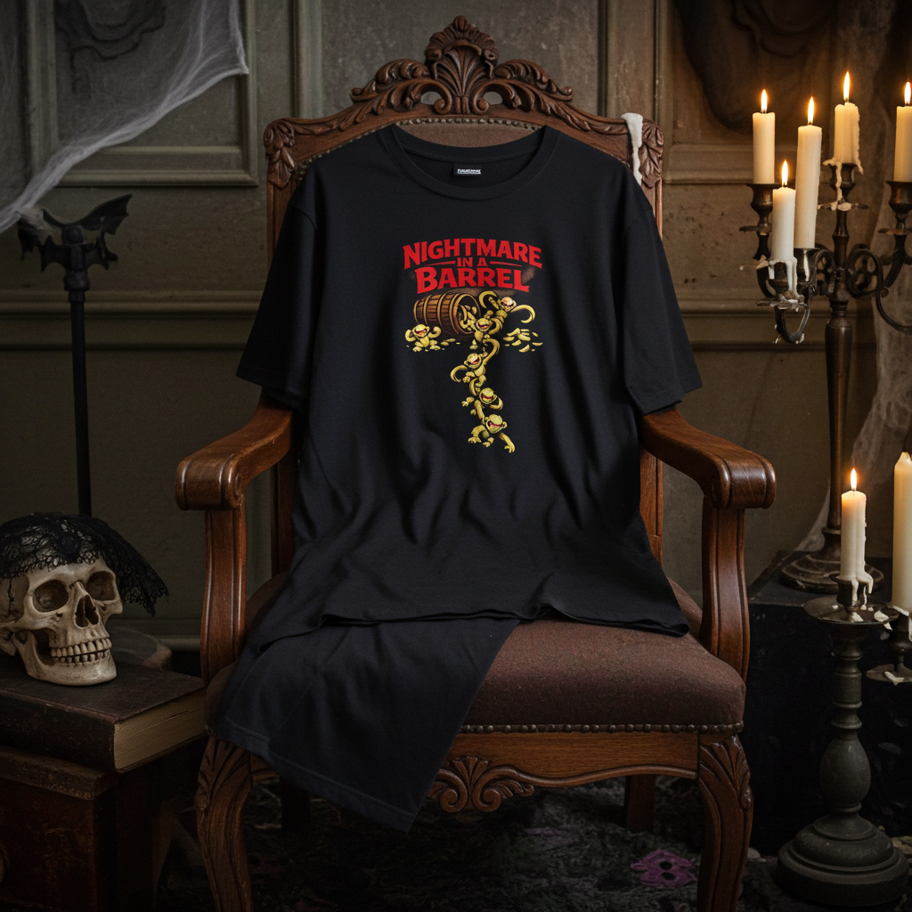 Nightmare in a Barrel T-Shirt — Vintage Horror Barrel Monkey Graphic Tee