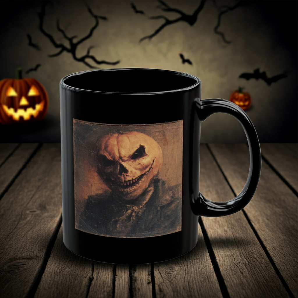 Spooky Pumpkin Head Black Mug — Halloween Horror Coffee Cup (11oz/15oz)