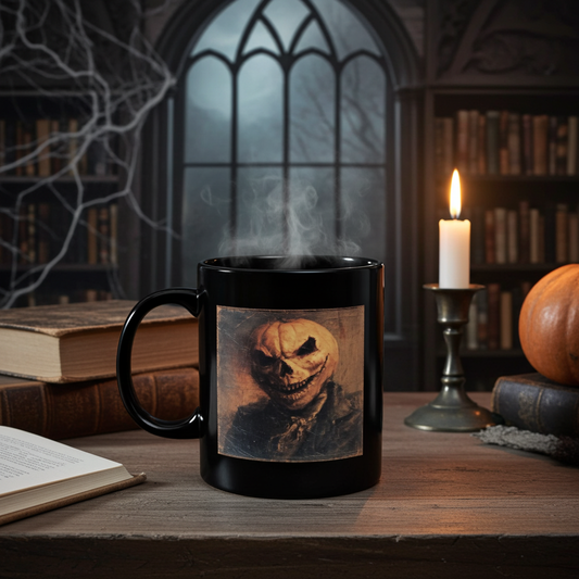 Spooky Pumpkin Head Black Mug — Halloween Horror Coffee Cup (11oz/15oz)
