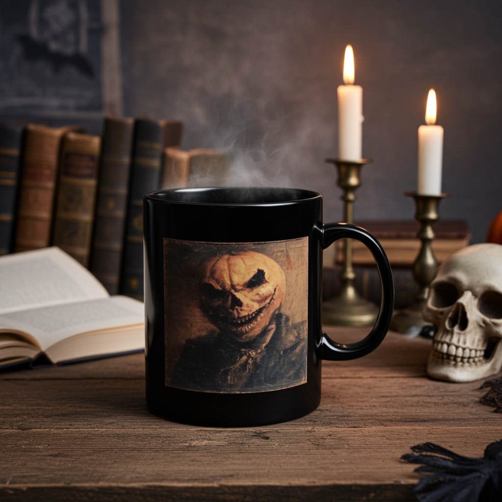 Spooky Pumpkin Head Black Mug — Halloween Horror Coffee Cup (11oz/15oz)