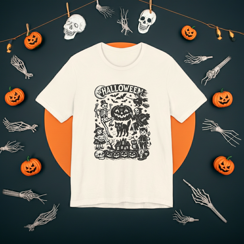 Halloween Vintage Monsters Tee — Retro Pumpkin, Skeleton & Haunted House T-Shirt