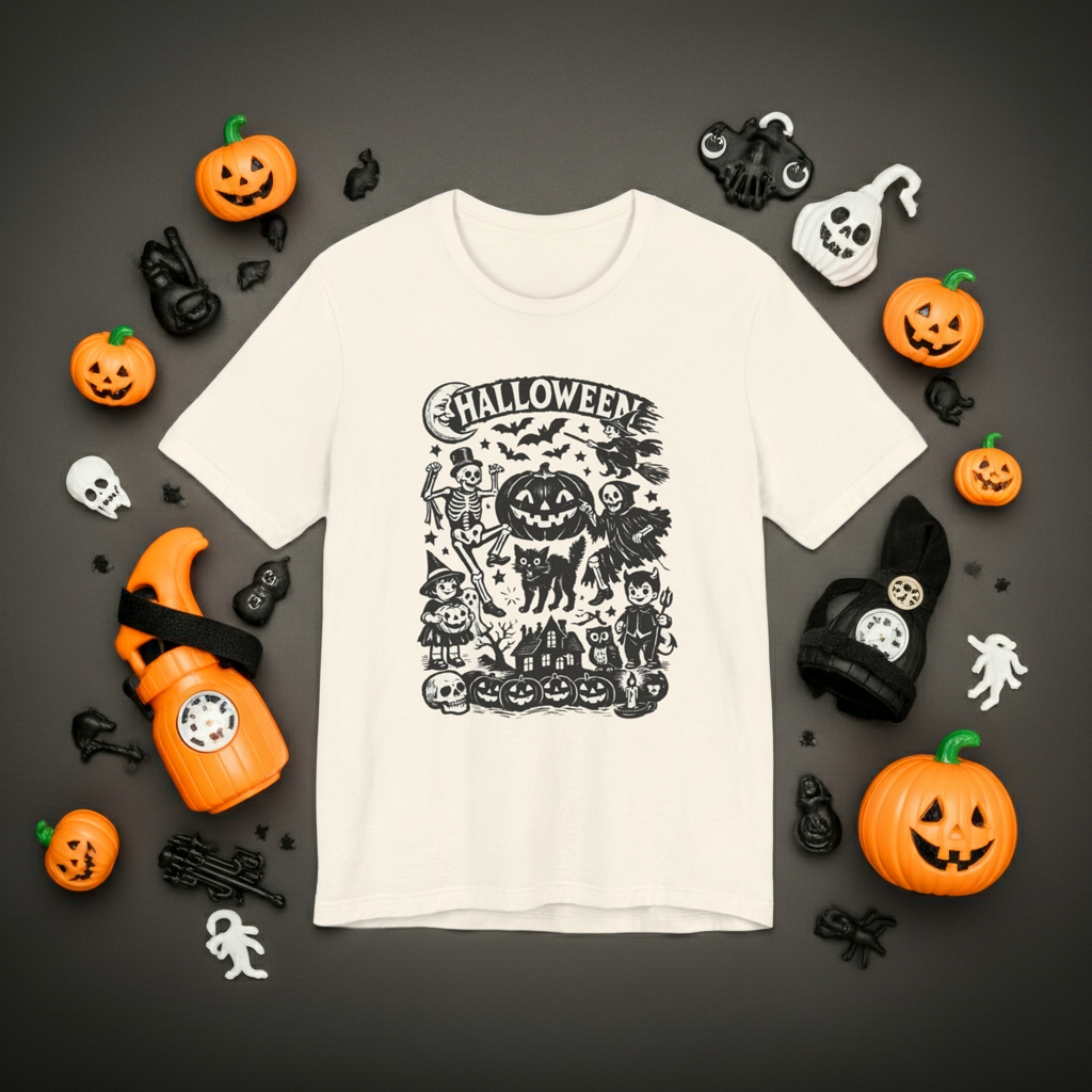 Halloween Vintage Monsters Tee — Retro Pumpkin, Skeleton & Haunted House T-Shirt