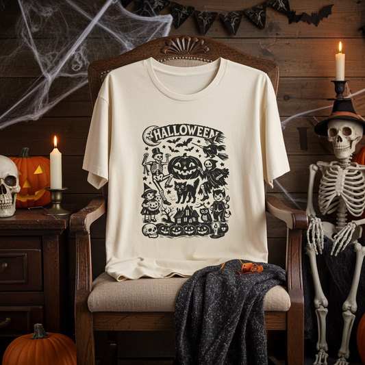 Halloween Vintage Monsters Tee — Retro Pumpkin, Skeleton & Haunted House T-Shirt