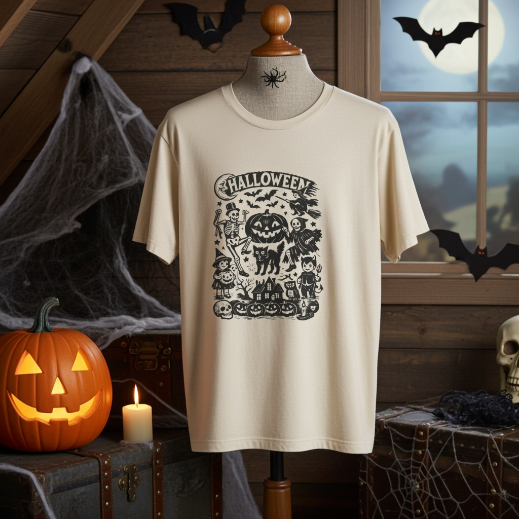 Halloween Vintage Monsters Tee — Retro Pumpkin, Skeleton & Haunted House T-Shirt