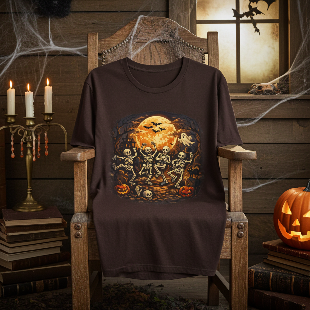Halloween Skeleton Dance T-Shirt — Spooky Pumpkin Full Moon Tee