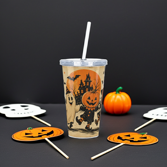 Halloween Ghosts & Pumpkins Tumbler with Straw - Vintage Trick-or-Treat Design