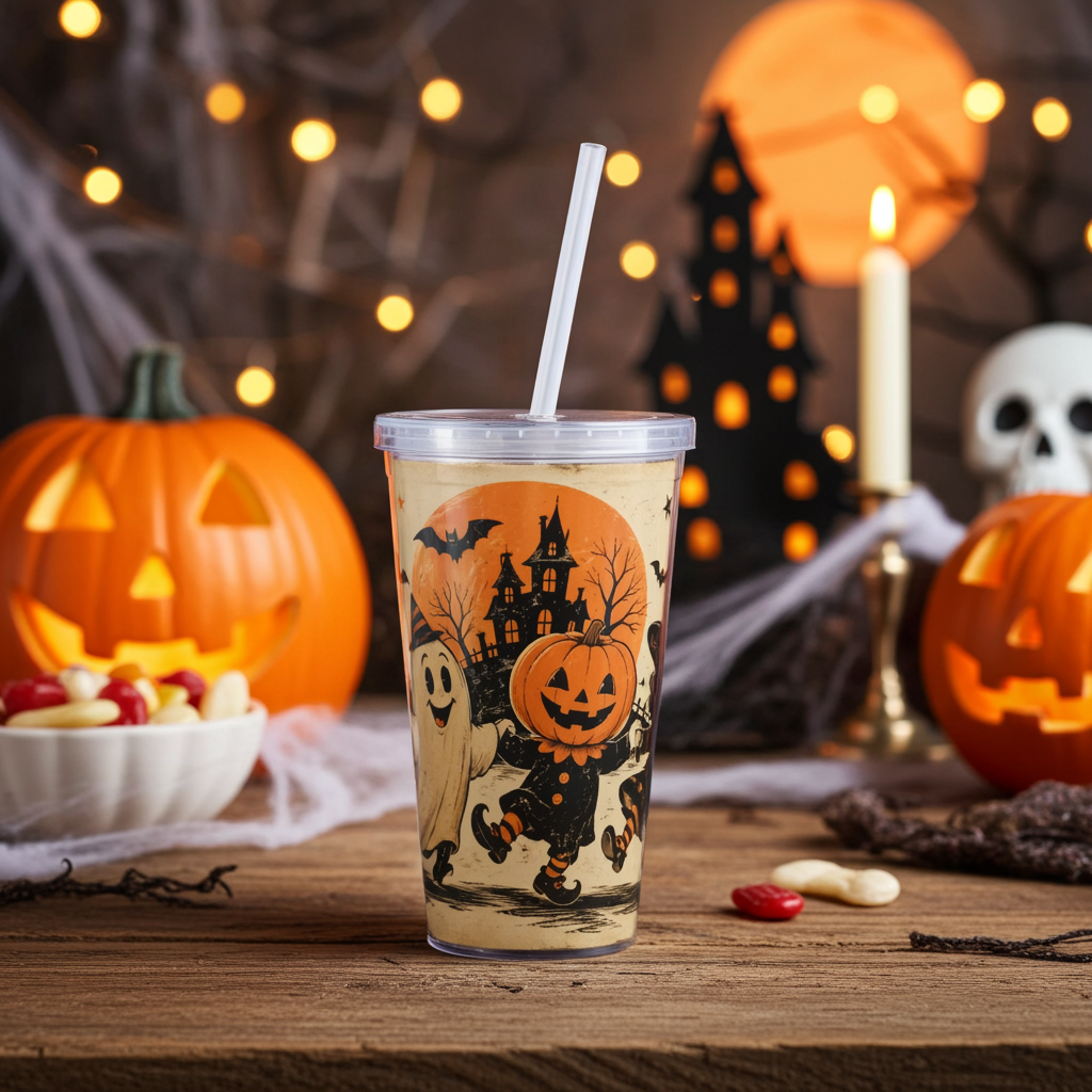 Halloween Ghosts & Pumpkins Tumbler with Straw - Vintage Trick-or-Treat Design