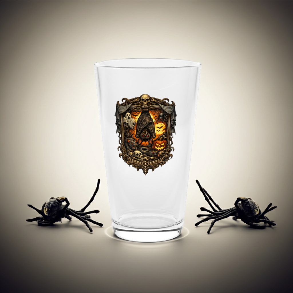 Halloween Skull Mason Pint Glass – Spooky Pumpkin & Vampire Bat Beer Glass (16oz)